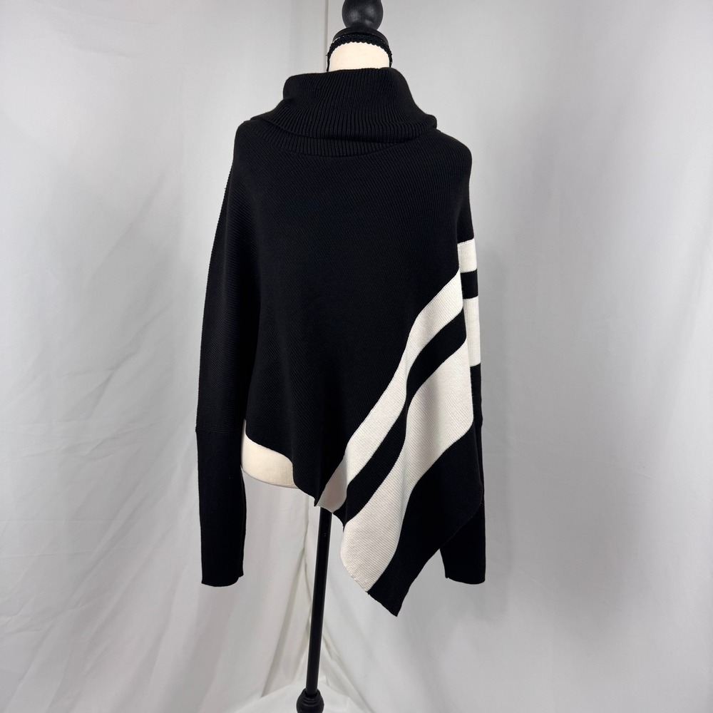 White House Black Market Poncho Women M/L Black Zip Neck Stripe Sweater - Picture 2 of 9